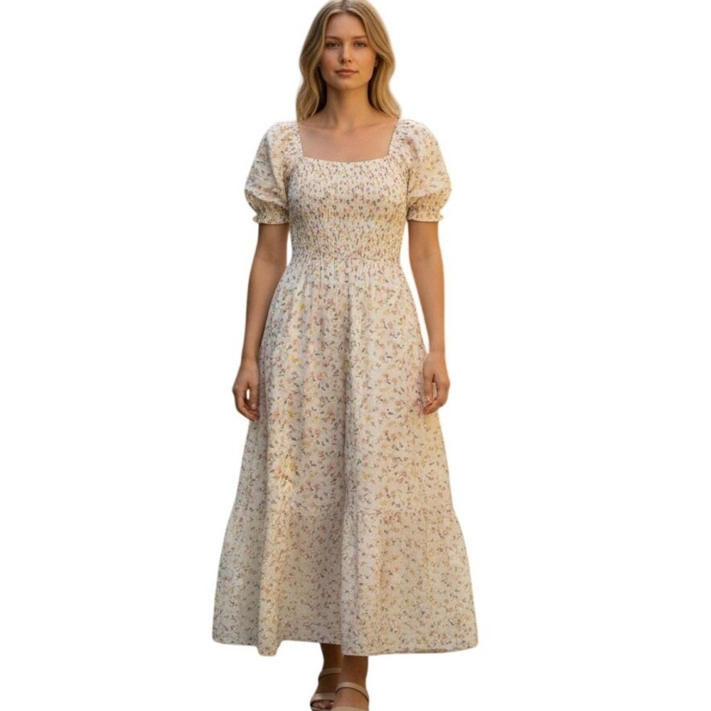 Million Colors Floral Smocked Maxi Dress White Peach Cotton Puff Sleeve L New